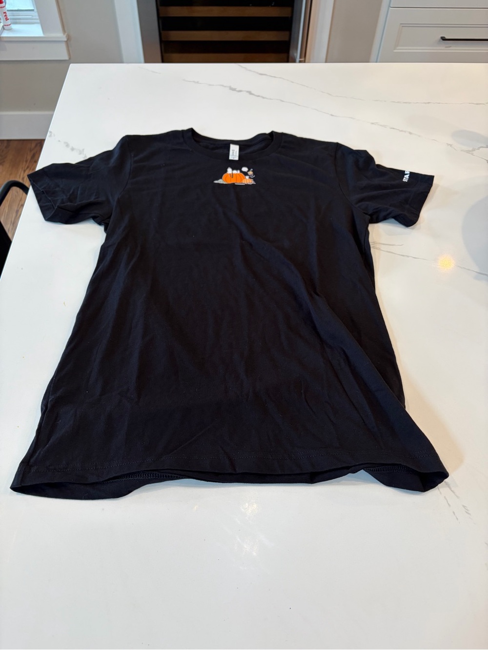 Black Tee with Small Orange Pumpkin Graphic - Peanuts x Starbucks - Size Medium